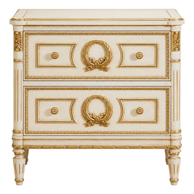 Louis XVI Italian Nightstand in Glazed White & Gold Leaf For Sale