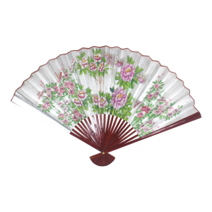 Large Vintage Hand Painted Silver Metallic Paper & Lacquered Bamboo Asian Wall Fan with Flowers & Butterflies