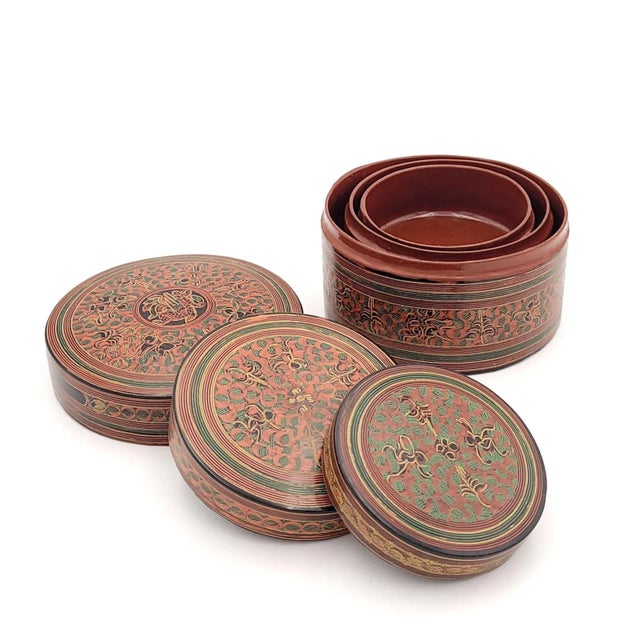 Red Three Lacquered Nesting Boxes, Southeast Asia Circa 1900 For Sale - Image 8 of 9