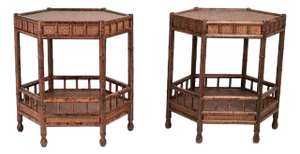 Pair of Vintage British Colonial Style Faux Bamboo and Grasscloth Stands