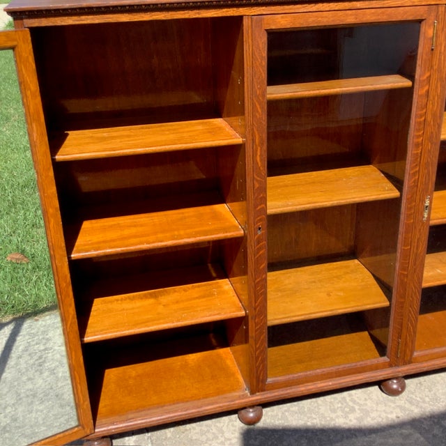 Arts & Crafts Antique Triple Oak Bookcase For Sale - Image 3 of 9