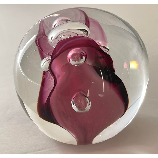 Clear and Magenta Glass Signed Studio Paperweight With Bubble Inclusions For Sale - Image 9 of 10