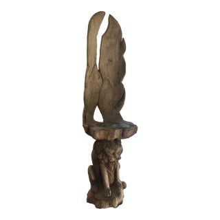 Vintage Wooden Hand Carved Sculptural Lion Plant Stand, Signed For Sale