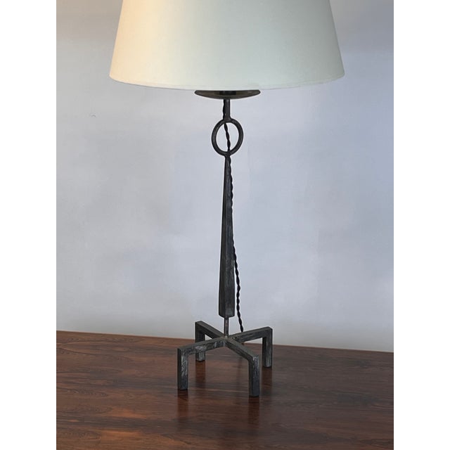 Mid 20th Century Mid 20th Century Tall Patinated Wrought Iron Table Lamp With Custom Parchment Shade For Sale - Image 5 of 9