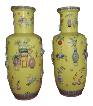Large 19th Century Chinese Porcelain Yellow Rouleau Vases in Famille Jaune Glaze - a Pair