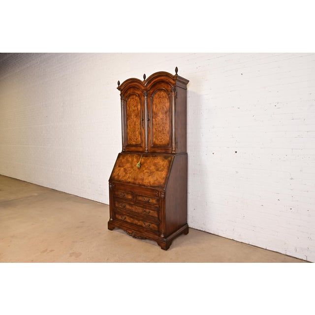 Baker Furniture Style Georgian Carved Walnut and Burl Wood Bureau With Drop Front Secretary Desk For Sale - Image 13 of 13