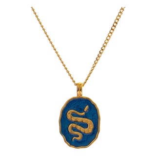 Guardian Snake Blue Enamel Gold Necklace For Sale