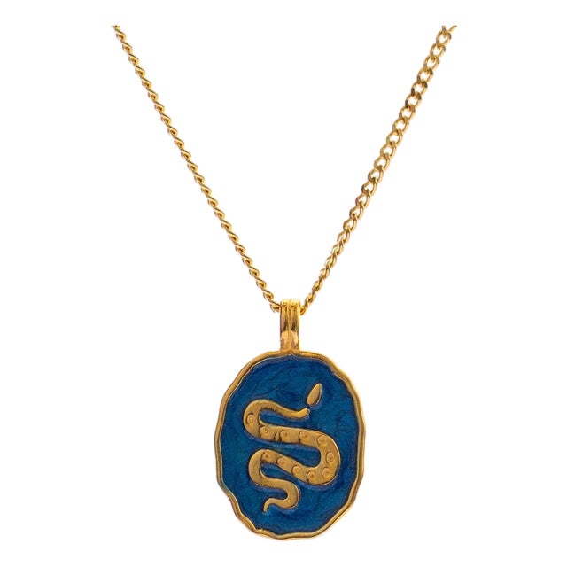 Guardian Snake Blue Enamel Gold Necklace For Sale