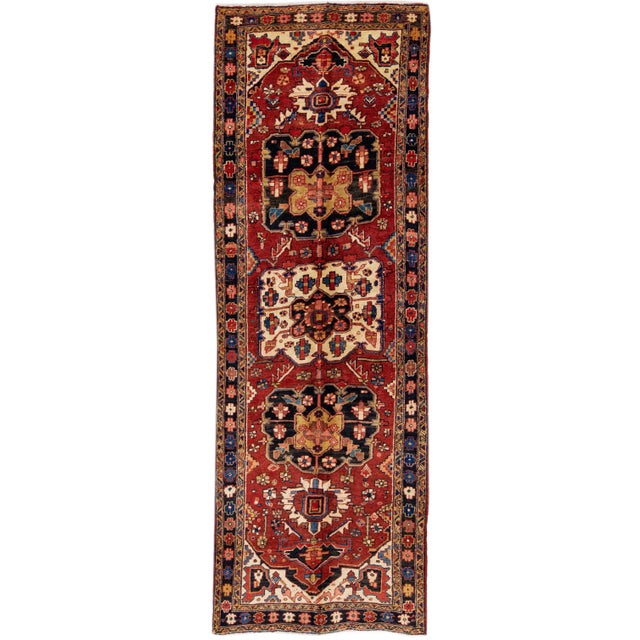 1960s Vintage Persian Heriz Red Handmade Medallion Wool Runner For Sale In New York - Image 6 of 6