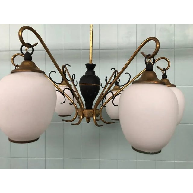 Metal Pendant Light in Brass, Aluminum and Opaline Glass in the style of Stilnovo, Italy, 1950s For Sale - Image 7 of 10