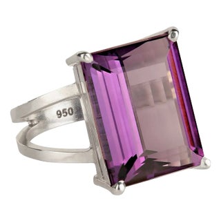 Emerald Cut 12ct Amethyst & Sterling Ring Size 7.75 For Sale