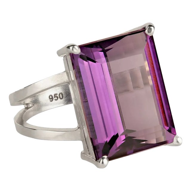 Emerald Cut 12ct Amethyst & Sterling Ring Size 7.75 For Sale