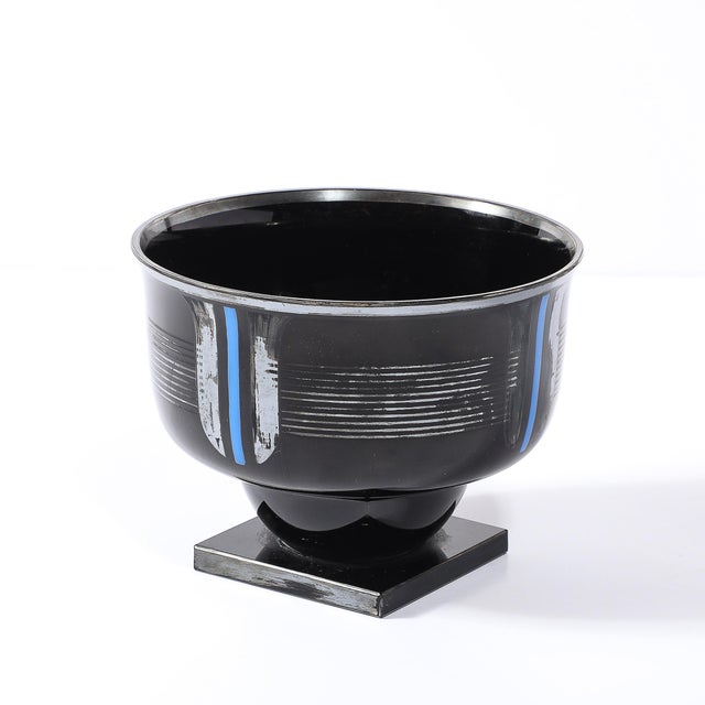 Art Deco Silvered Black Glass Linear Detailed Bowl Signed Hem by Michel Herman For Sale - Image 13 of 15
