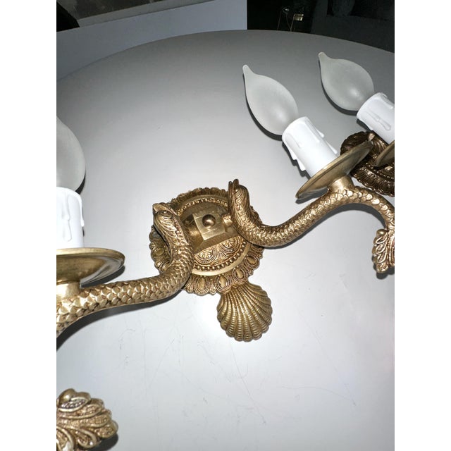 Brass Pair Neoclassic Dolphin Shell Brass Wall Sconces For Sale - Image 8 of 11