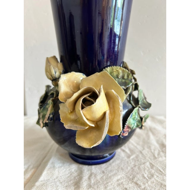 Antique Tall French Barbotine Majolica Vase Applied Rose Vase. Stamped with number 48 on bottom. In wonderful condition....