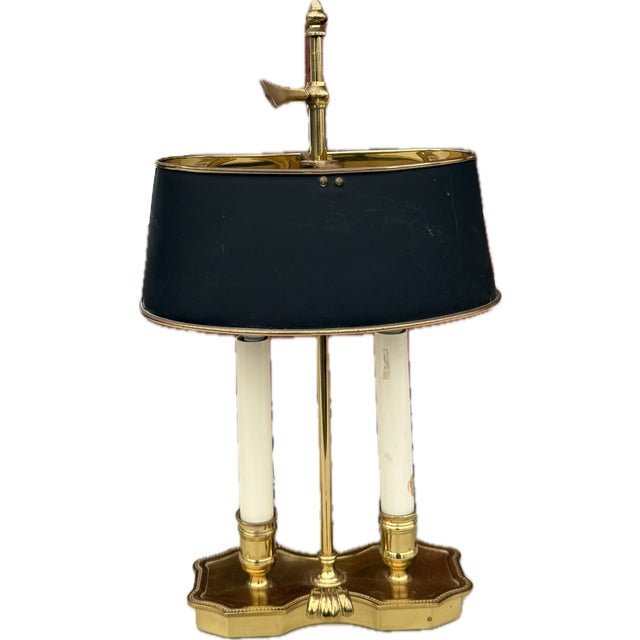 Small Vintage Brass Bouillotte Table Desk Lamp Candle Library Tole Shade Light, minor scratches on one of the posts and on...