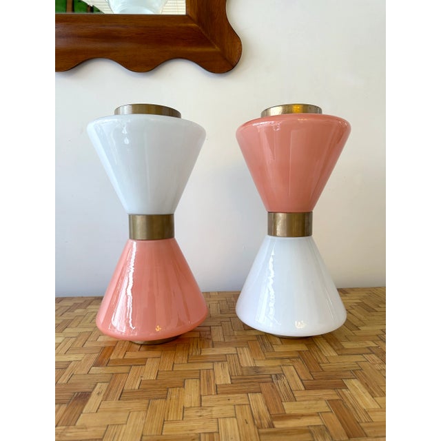 Pair of Diabolo Lamps Pink and White Murano Glass. Italy For Sale - Image 4 of 12