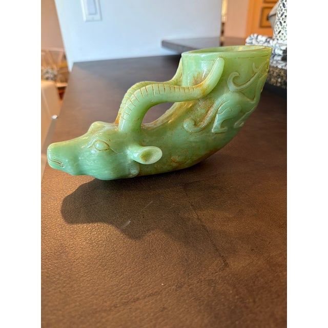 Chinese Antique Jadite “Jue” Libation Cup in the Form of a Water Buffalo. For Sale - Image 3 of 11
