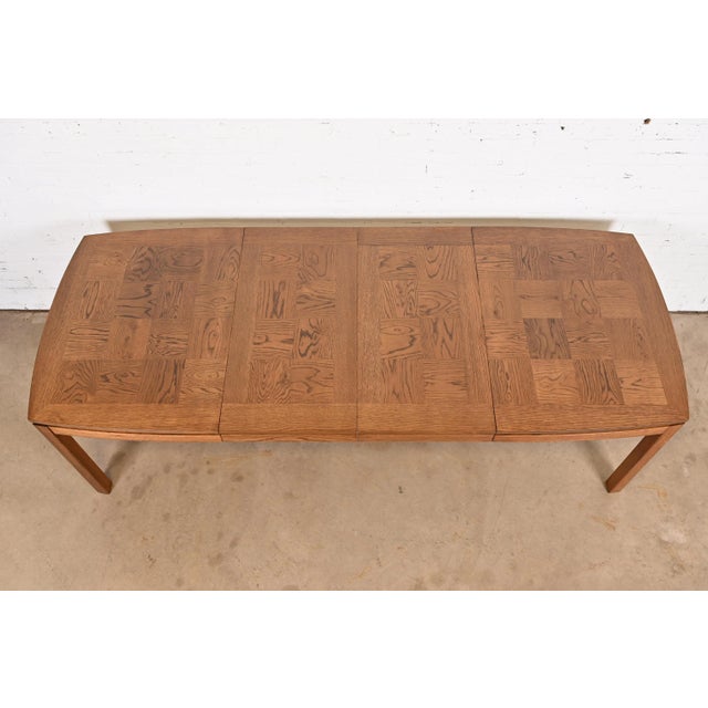 Wood Thomasville Mid-Century Modern Patchwork Oak Parsons Extension Dining Table, Newly Refinished For Sale - Image 7 of 12