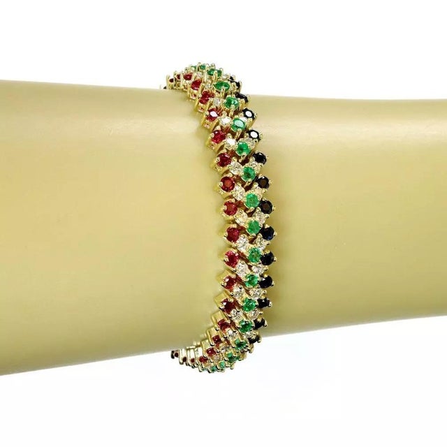 1990s Diamond & Gems Bracelet 18k Yellow Gold 12mm Wide Flex Link For Sale - Image 5 of 5