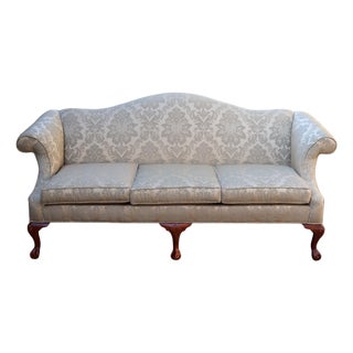 1990s Ethan Allen Chippendale Camelback Sofa in Silver-Champagne Silk Damask For Sale