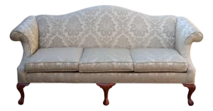 1990s Ethan Allen Chippendale Camelback Sofa in Silver-Champagne Silk Damask