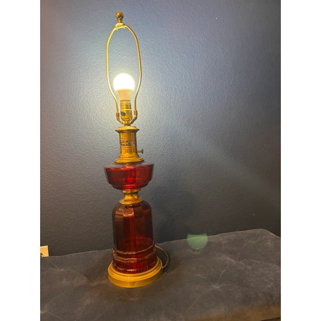 1940s 1940s Paul Hanson Red Glass Brass Table Lamp For Sale - Image 5 of 11