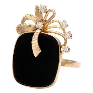 10KY Vintage Onyx & Cubic Zirconia Bow Ring, size 6.75 For Sale