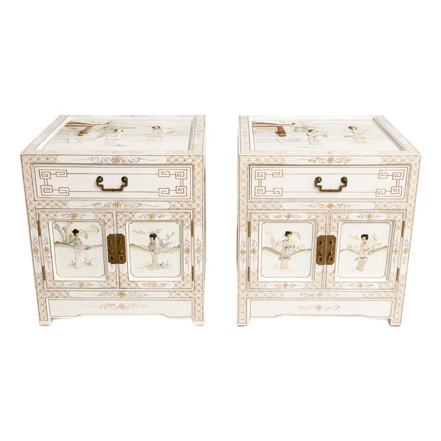 Rare Pair of 20th Century Chinoiserie Nightstands Chests With Mother-of-Pearl Inlay For Sale