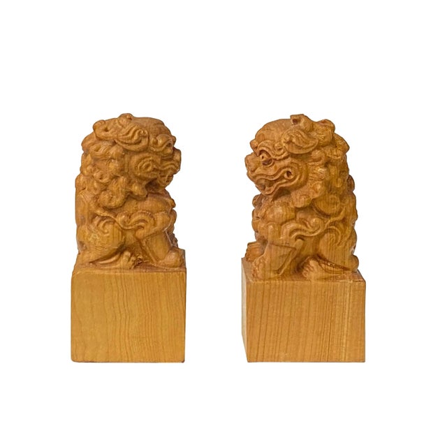 Figurative Chinese Pair Wood Carved Mini Foo Dogs Lions FengShui Figures For Sale - Image 3 of 6