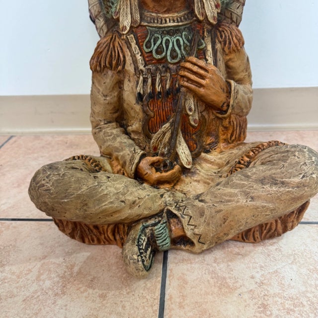 Vintage 1973 Hand Carved Wood Native American Indian Chief Statue 24" Signed For Sale - Image 13 of 14
