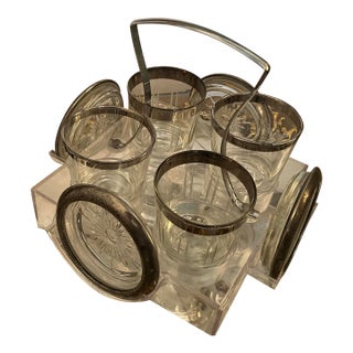 Mid-Century Modern Leonard Silverplated Italy Glassware Set and Caddy With Coasters- 9 Pieces For Sale