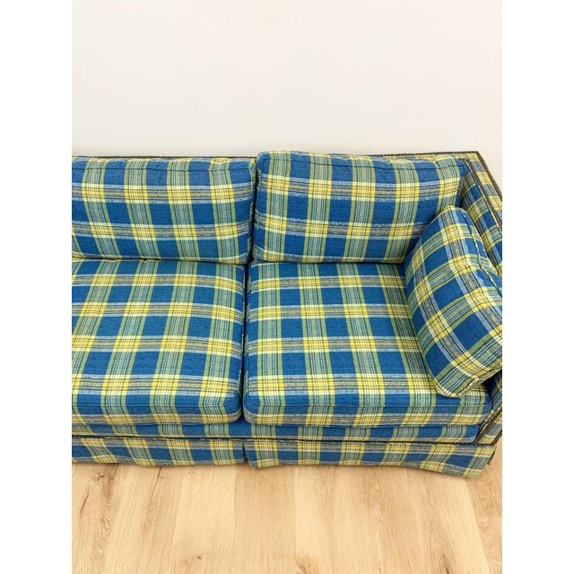 Wood Vintage MCM Retro Plaid Sofa in Electric Blue and Green With Nailhead Trim For Sale - Image 7 of 13