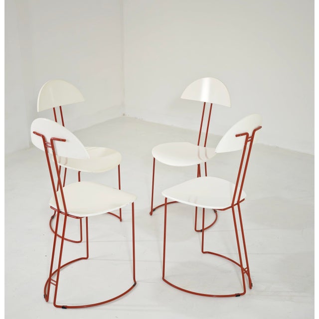 Mid-Century Modern Italian Red and White Metal and Wood Chairs, 1980s, Set of 4 For Sale - Image 12 of 16