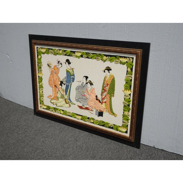 Asian Vintage Five Oriental Asian Women Musical Scene Embroidered Picture Wall Hanging For Sale - Image 3 of 12