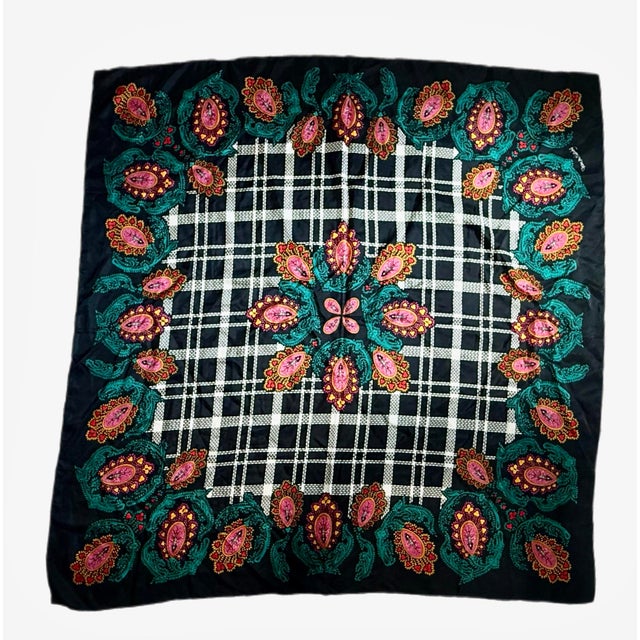 Pristine 1980s Diane von Furstenberg large silk scarf with a checked edge and paisley detail.