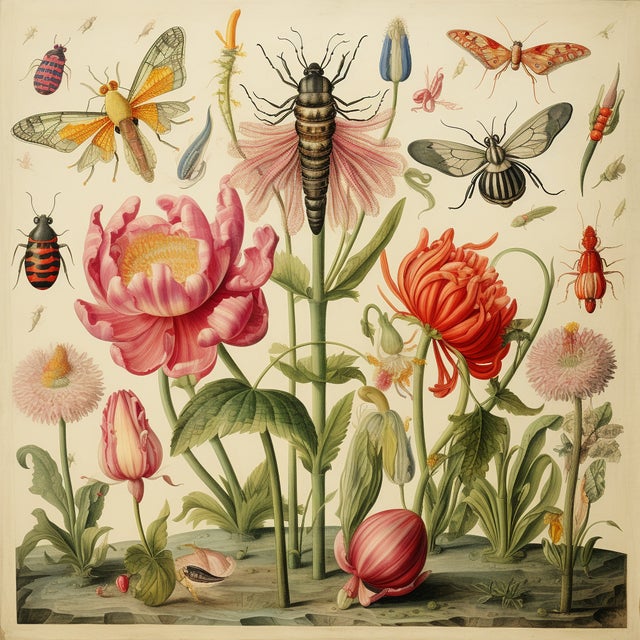 Red Set of 6 - 54" X 36" Gallery Wall Installation 'Insects and Flowers' Botanical Floral Prints, Unframed For Sale - Image 8 of 8