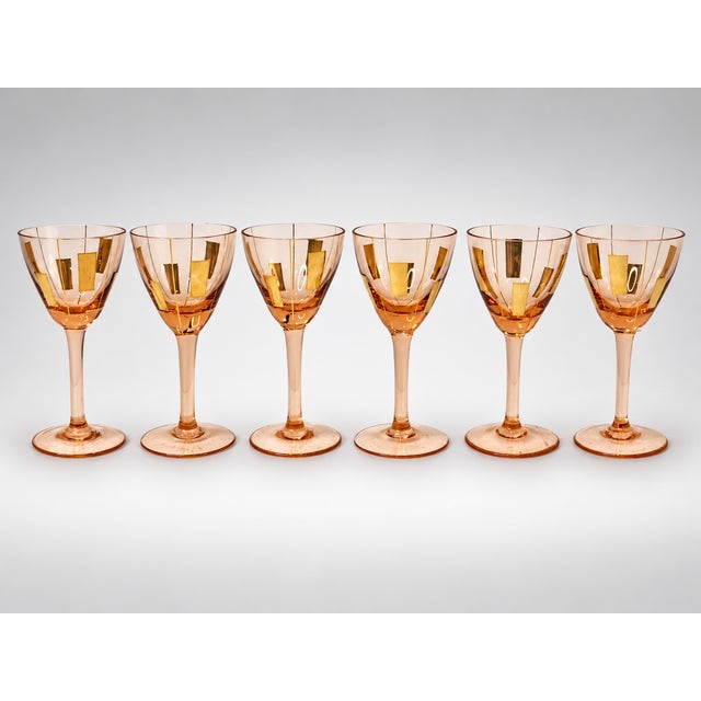 Vintage Rose-Gold Glass Decanter & 6 Cordial Glasses — Geometric Gold Modernist Barware Set 7 pcs For Sale - Image 4 of 6