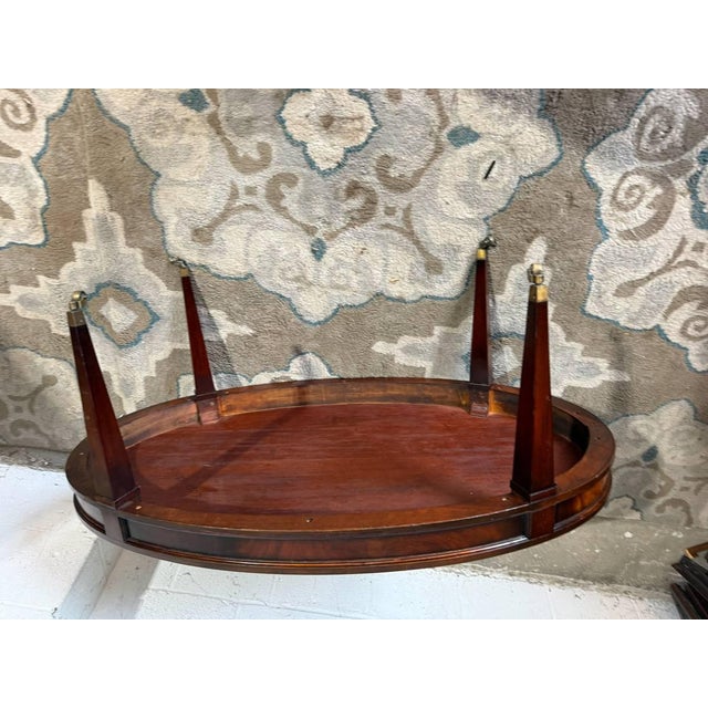Vintage Regency Style Oval Leather Top Flame Mahogany Coffee Table on Casters. By Weiman. For Sale - Image 9 of 11