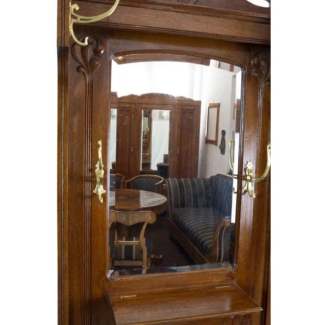 Wood German Art Nouveau Oak Wardrobe with Brass Hooks For Sale - Image 7 of 12