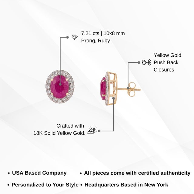 7.21ct Oval-Cut Ruby & 1.16ct Diamond Halo Stud Earrings in 18k Yellow Gold- A Pair For Sale - Image 12 of 16