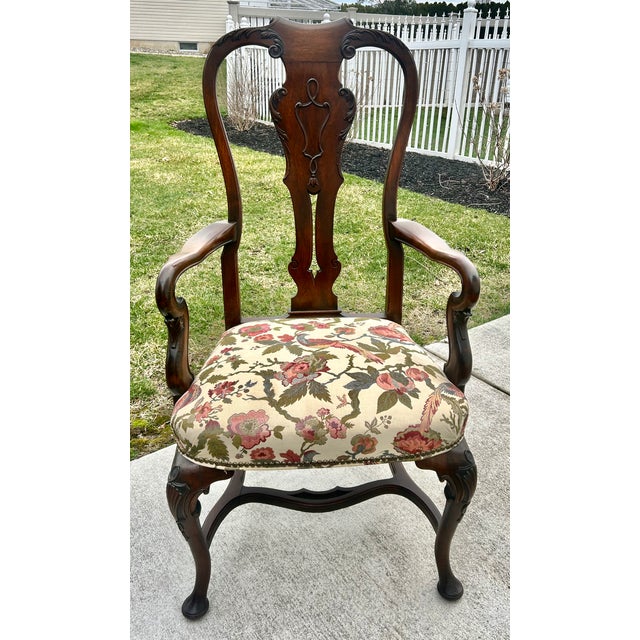 Wood Antique Carved Walnut Queen Anne Style High Back Arm Chair W/Stretcher Base For Sale - Image 7 of 13