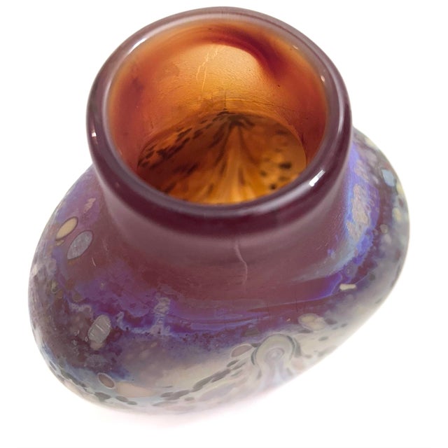 1980s Modern Art Blown Glass Iridescent Purple and Gold Large Vase For Sale - Image 12 of 12