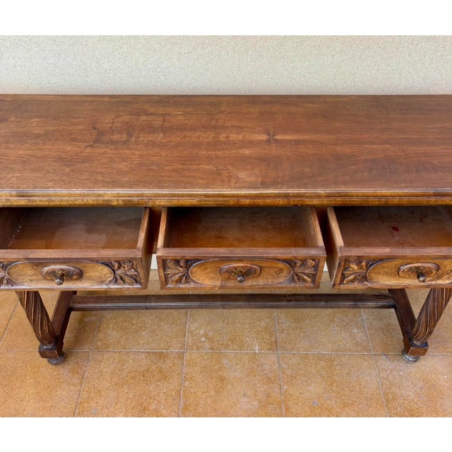 Spanish Walnut Drop-Leaf Table With Three Drawers, 1930s For Sale - Image 10 of 16