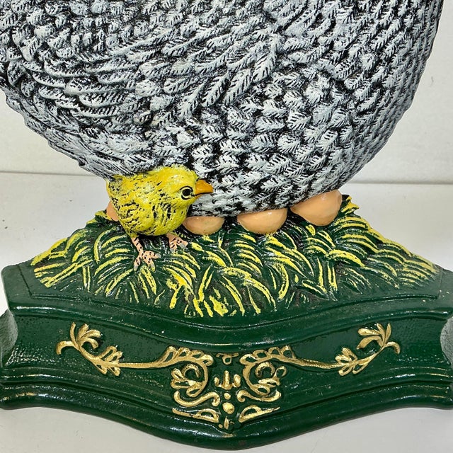 Dark Green 1950s Americana Arts & Crafts Farmhouse Cast Iron Hen, Chick & Eggs Doorstop For Sale - Image 8 of 13