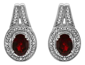 .925 Sterling Silver Diamond Accent and 8x6mm Red Oval Garnet Stud Earrings (I-J Color, I1-I2 Clarity)