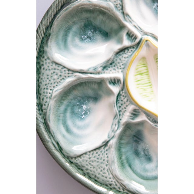 1920s Antique French Saint Clément Majolica Blue Green & Yellow Lemon Wedge Oyster Plate For Sale - Image 5 of 8