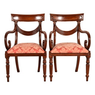 Baker Furniture Style English Regency Carved Mahogany Armchairs, Pair For Sale