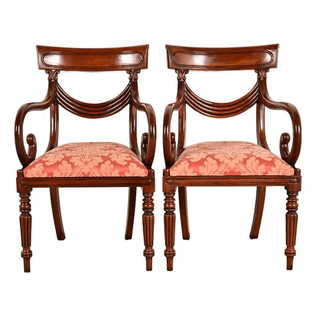 Baker Furniture Style English Regency Carved Mahogany Armchairs, Pair For Sale