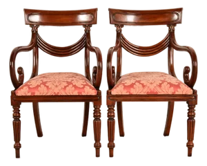 Baker Furniture Style English Regency Carved Mahogany Armchairs, Pair